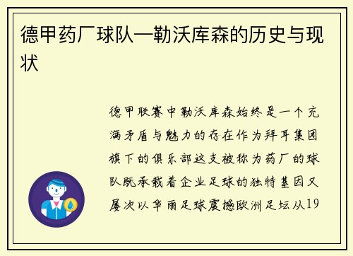 德甲药厂球队—勒沃库森的历史与现状